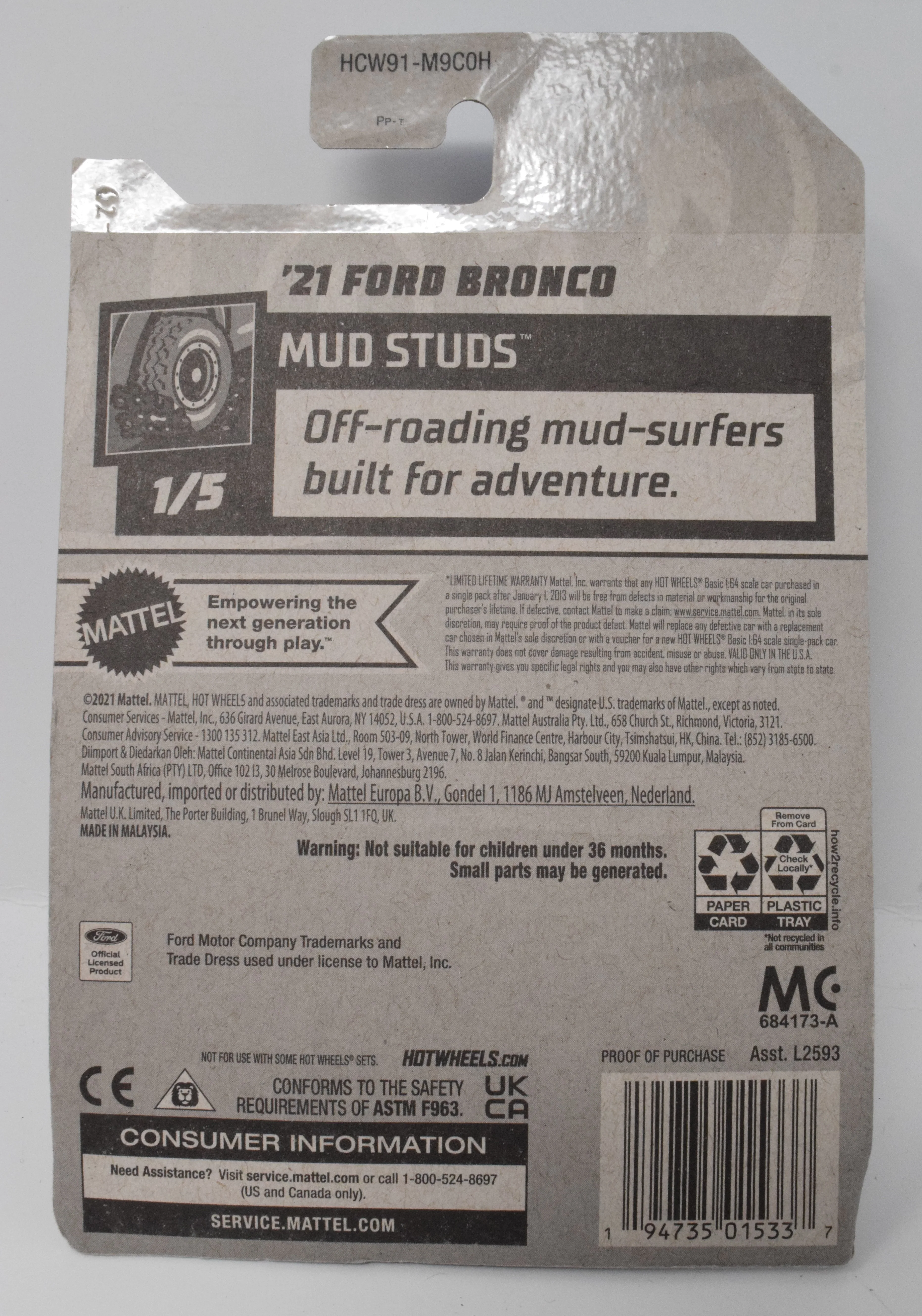 Hot Wheels 21 Ford Bronco Mud Studs Red 1/5 68 DieCast Car New - Image 2