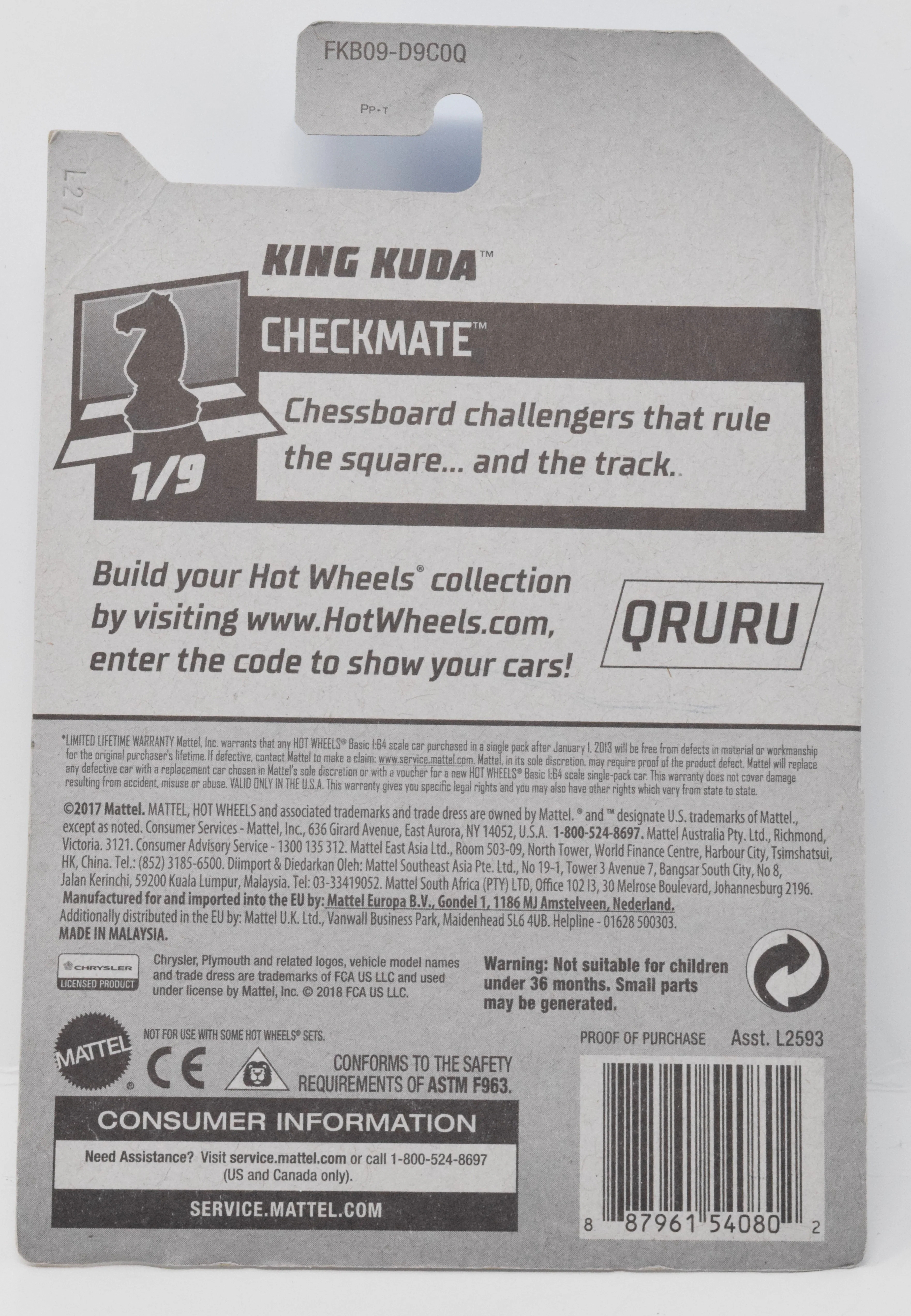 Hot Wheels King Kuda White CheckMate DieCast Car 1/9 362 New - Image 2