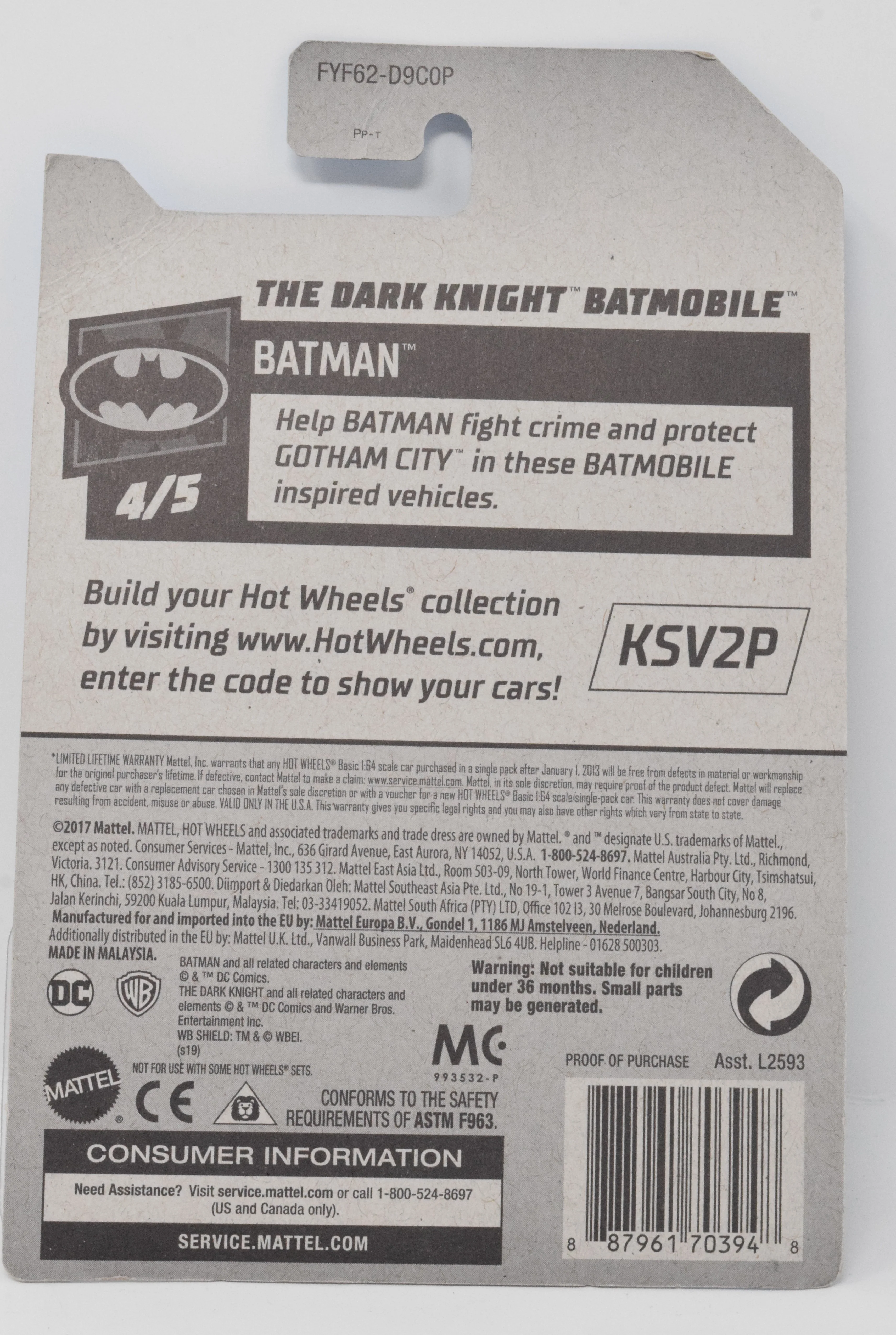 Hot Wheels Dark Knight BatMobile White DC DieCast Car 4/5 153 New - Image 2