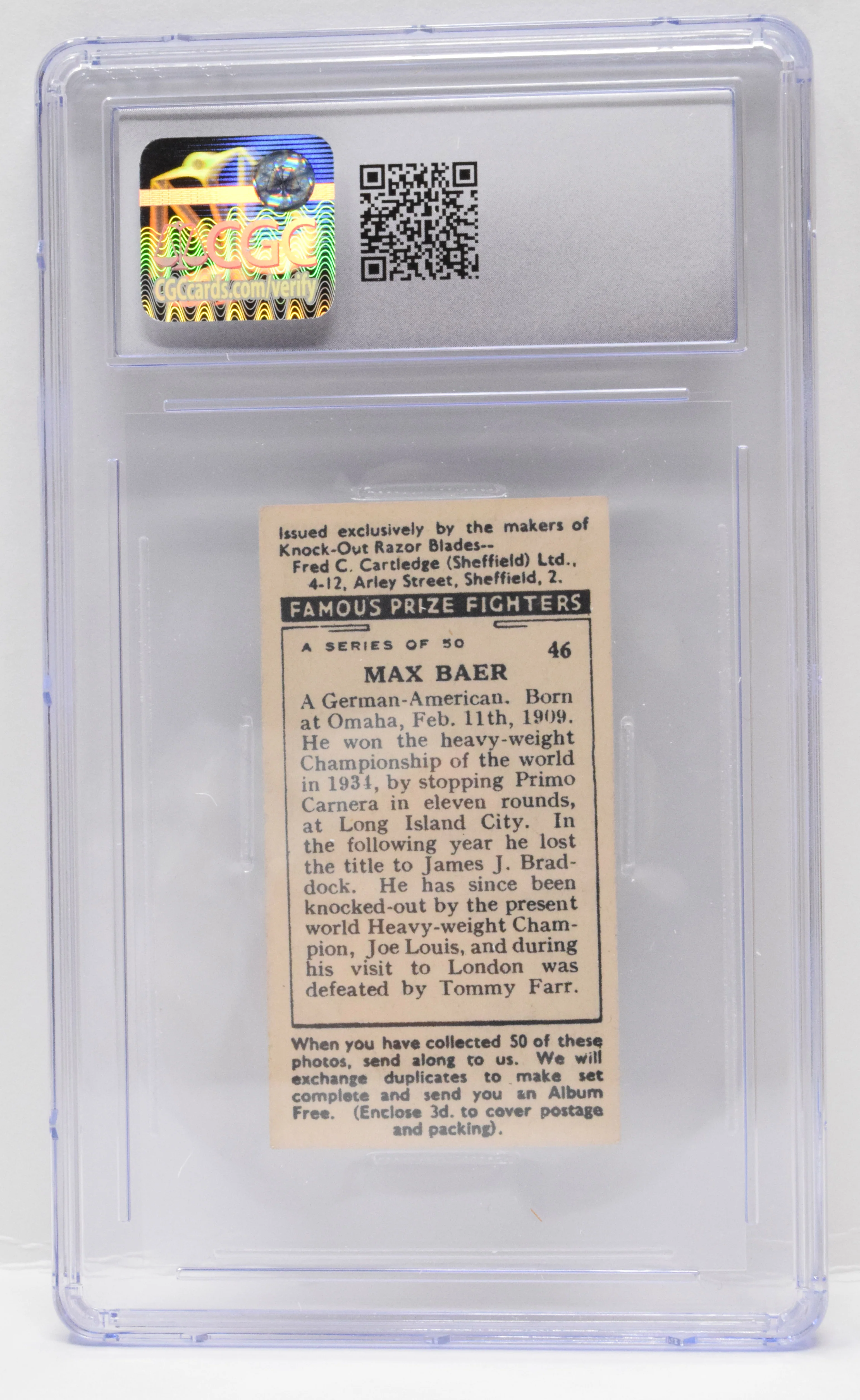 Max Baer Boxing Card F.C. Cartledge Famous Prize Fighters 1938 46 CGC 6 - Image 2