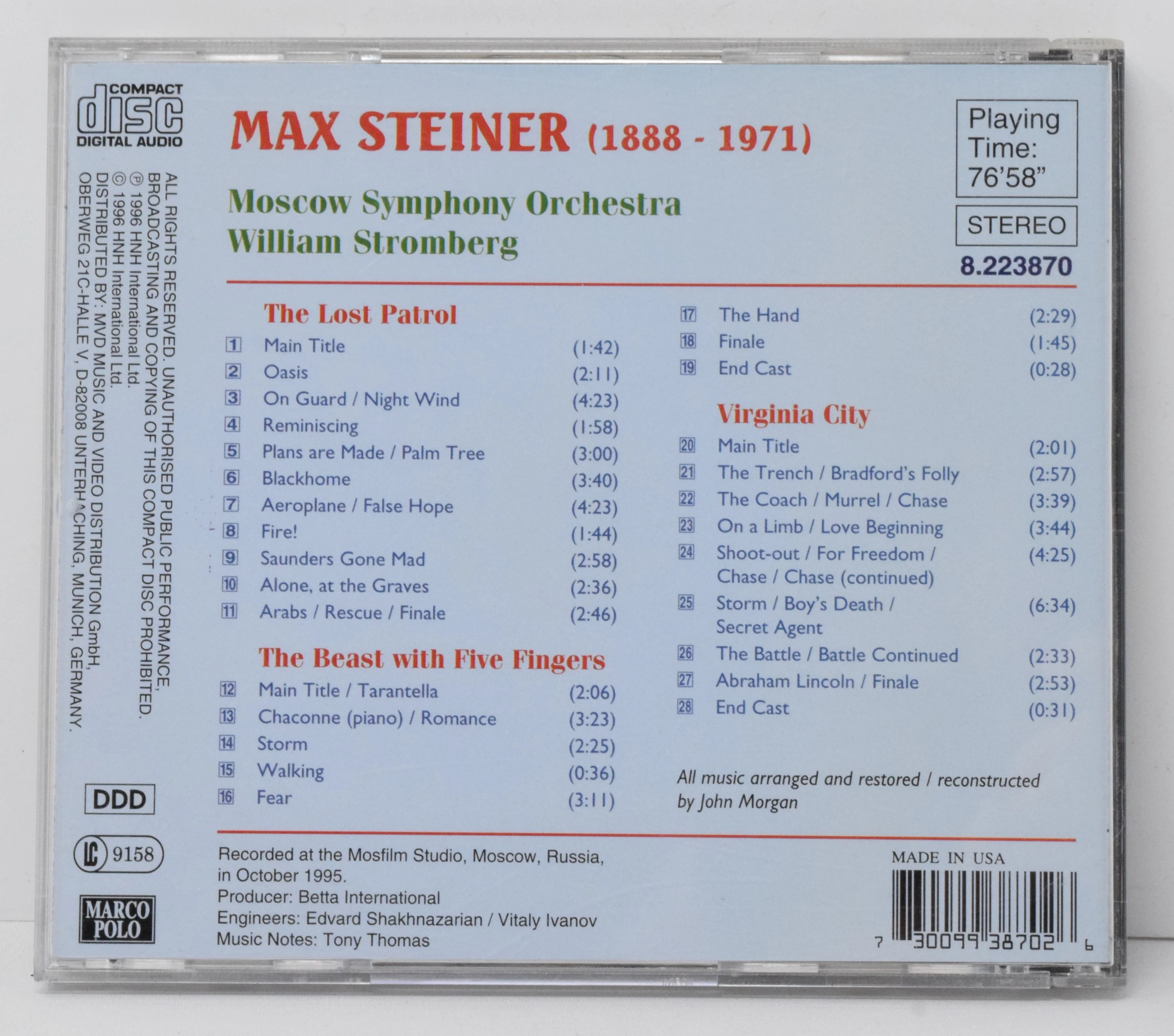 Max Steiner The Lost Patrol Virginia City Soundtrack CD William Stromberg - Image 2