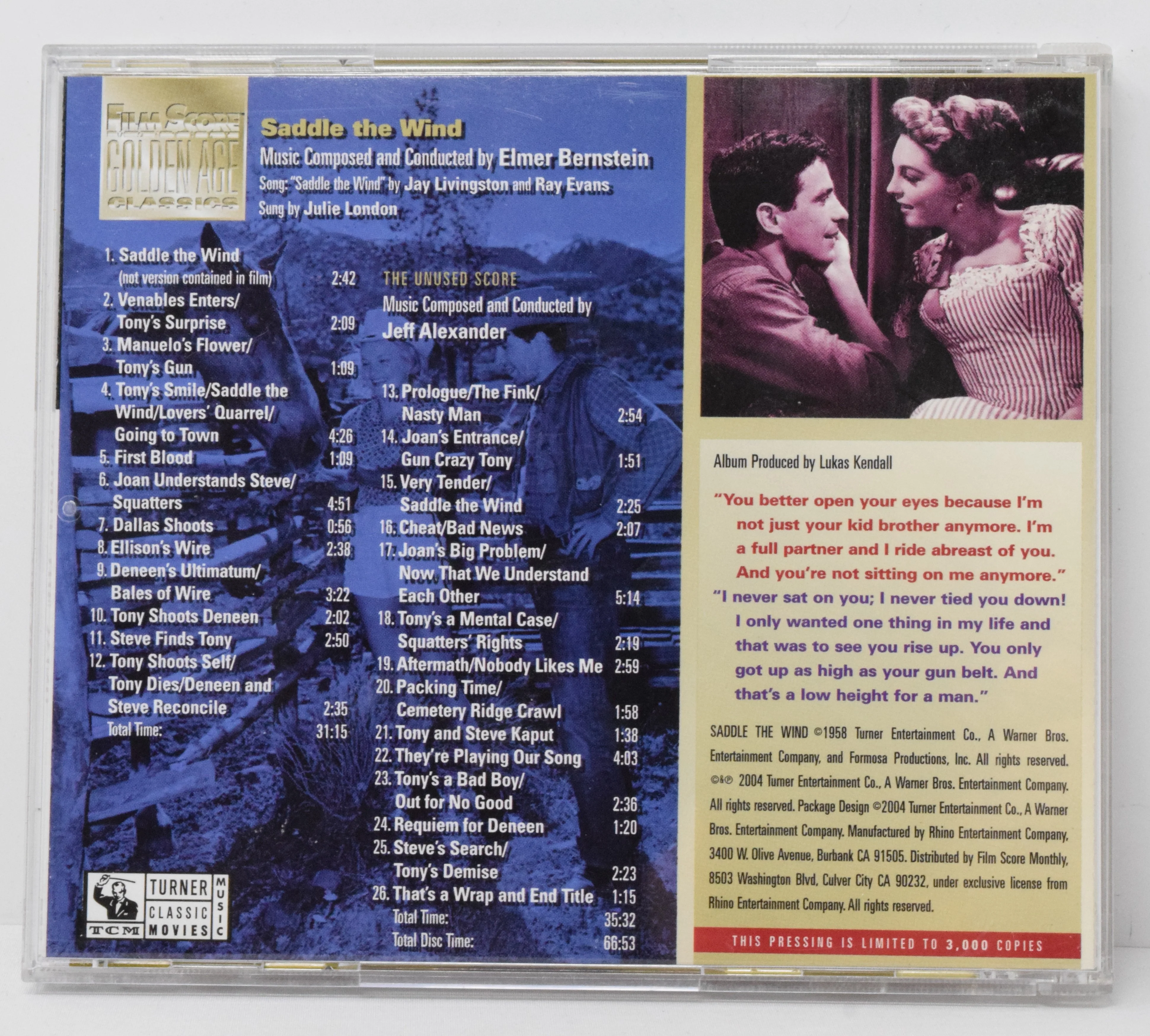 Saddle The Wind Soundtrack CD Elmer Bernstein TCM Golden Age LTD 3000 - Image 2